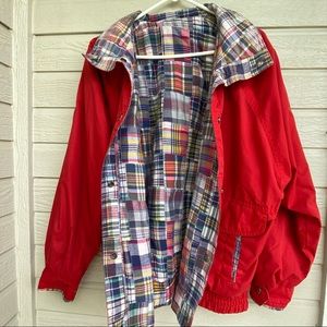 VTG 80s IZZI Reversible Patchwork Madras Jacket Women's Plaid Red Snap Button